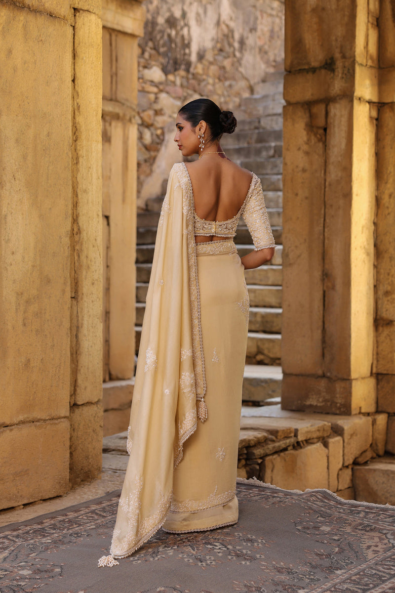 Vaayu Beige Bail Buti Saree Set silk modal saree by Niti Bothra in beige for women in Singapore