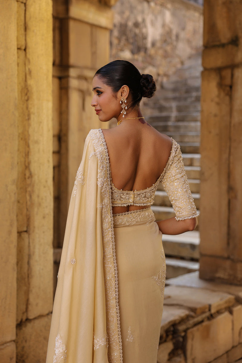 Vaayu Beige Bail Buti Saree Set silk modal saree by Niti Bothra in beige for women in Singapore