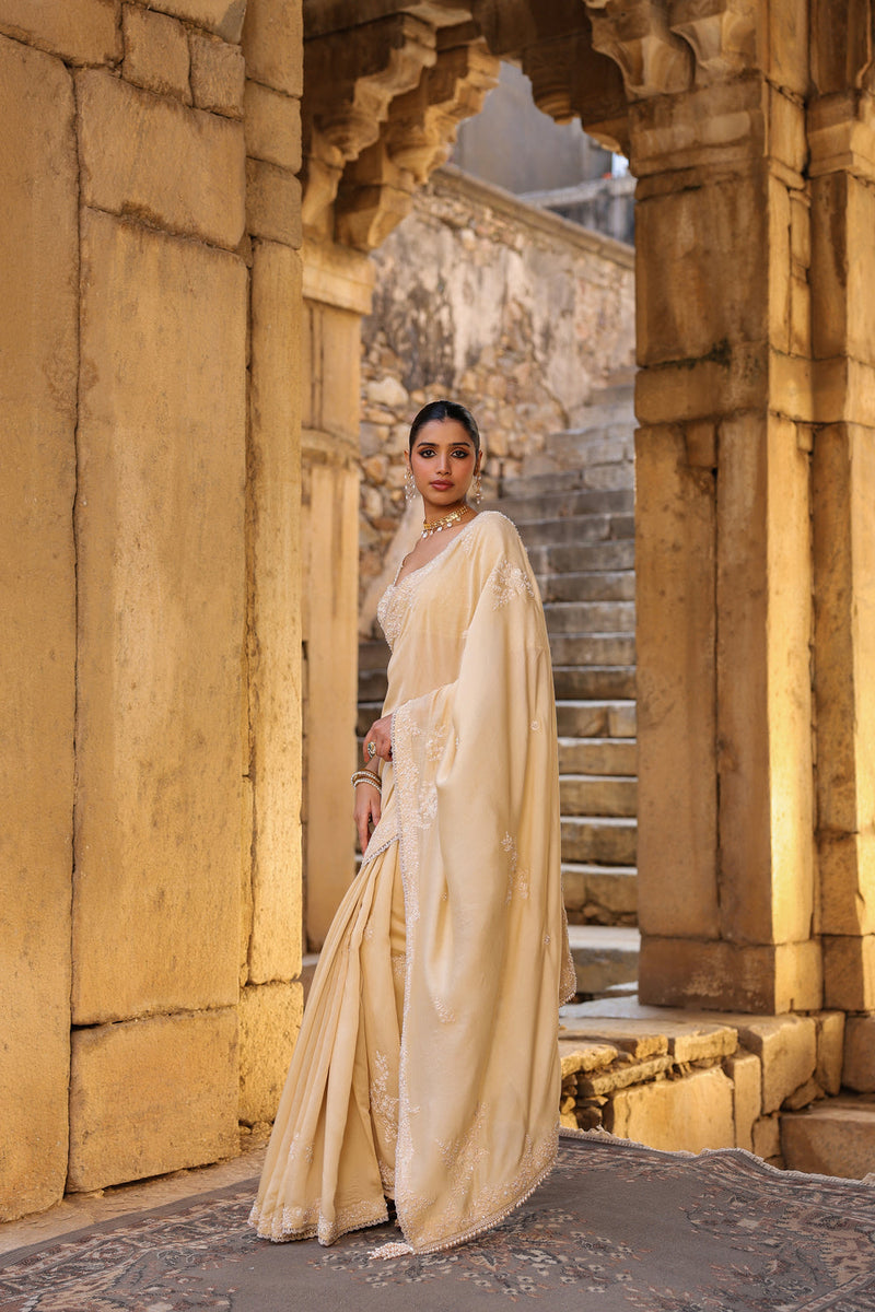 Vaayu Beige Bail Buti Saree Set silk modal saree by Niti Bothra in beige for women in Singapore
