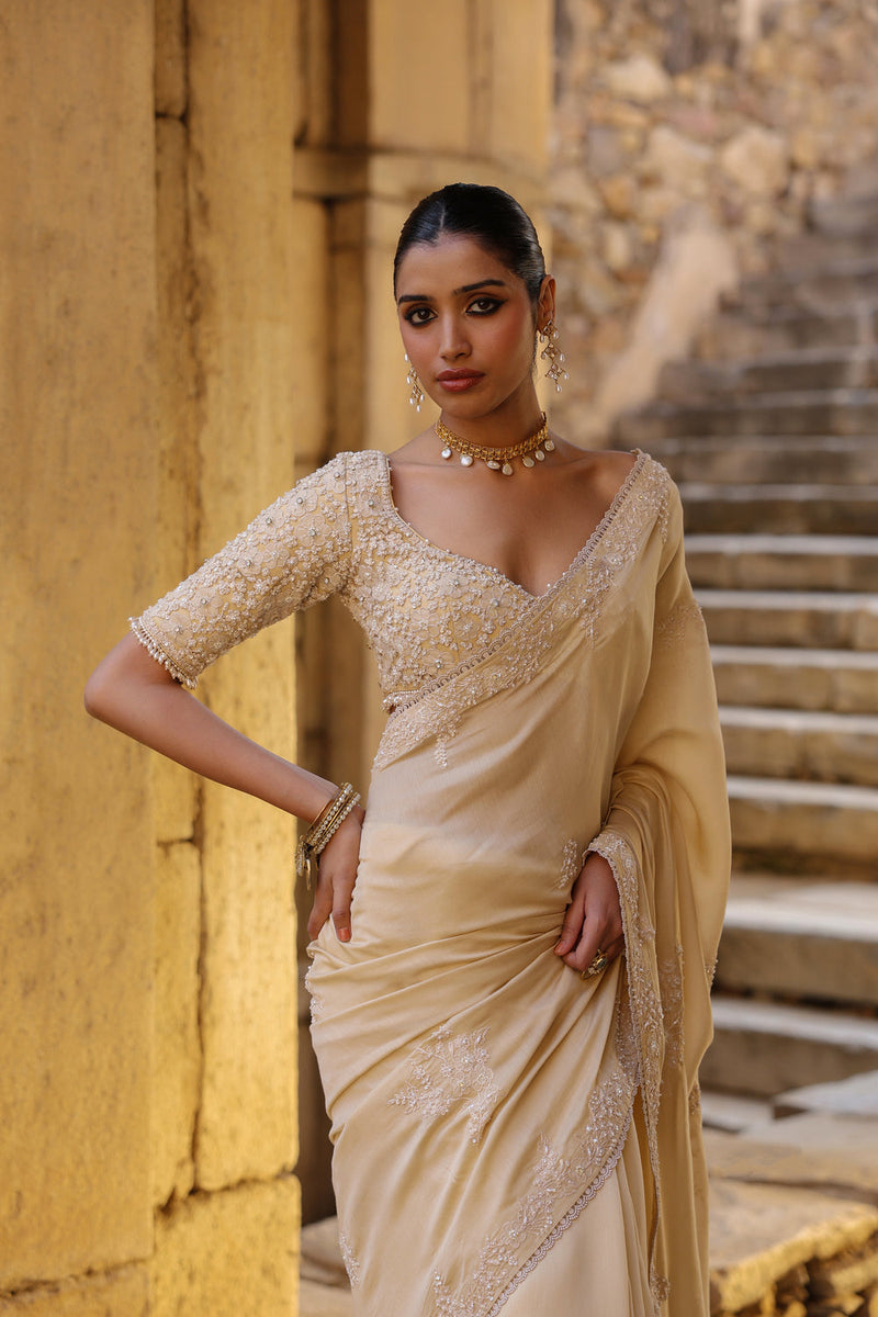 Vaayu Beige Bail Buti Saree Set silk modal saree by Niti Bothra in beige for women in Singapore