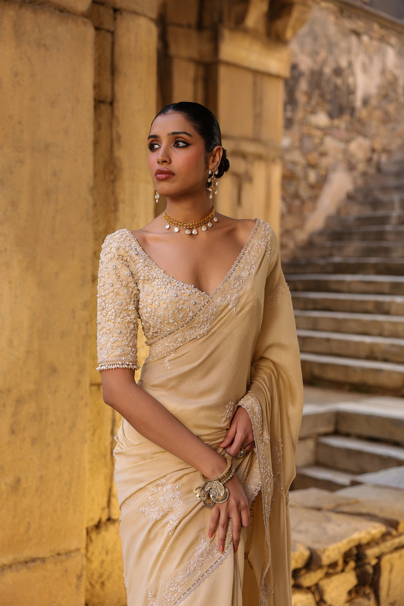 Vaayu Beige Bail Buti Saree Set silk modal saree by Niti Bothra in beige for women in Singapore