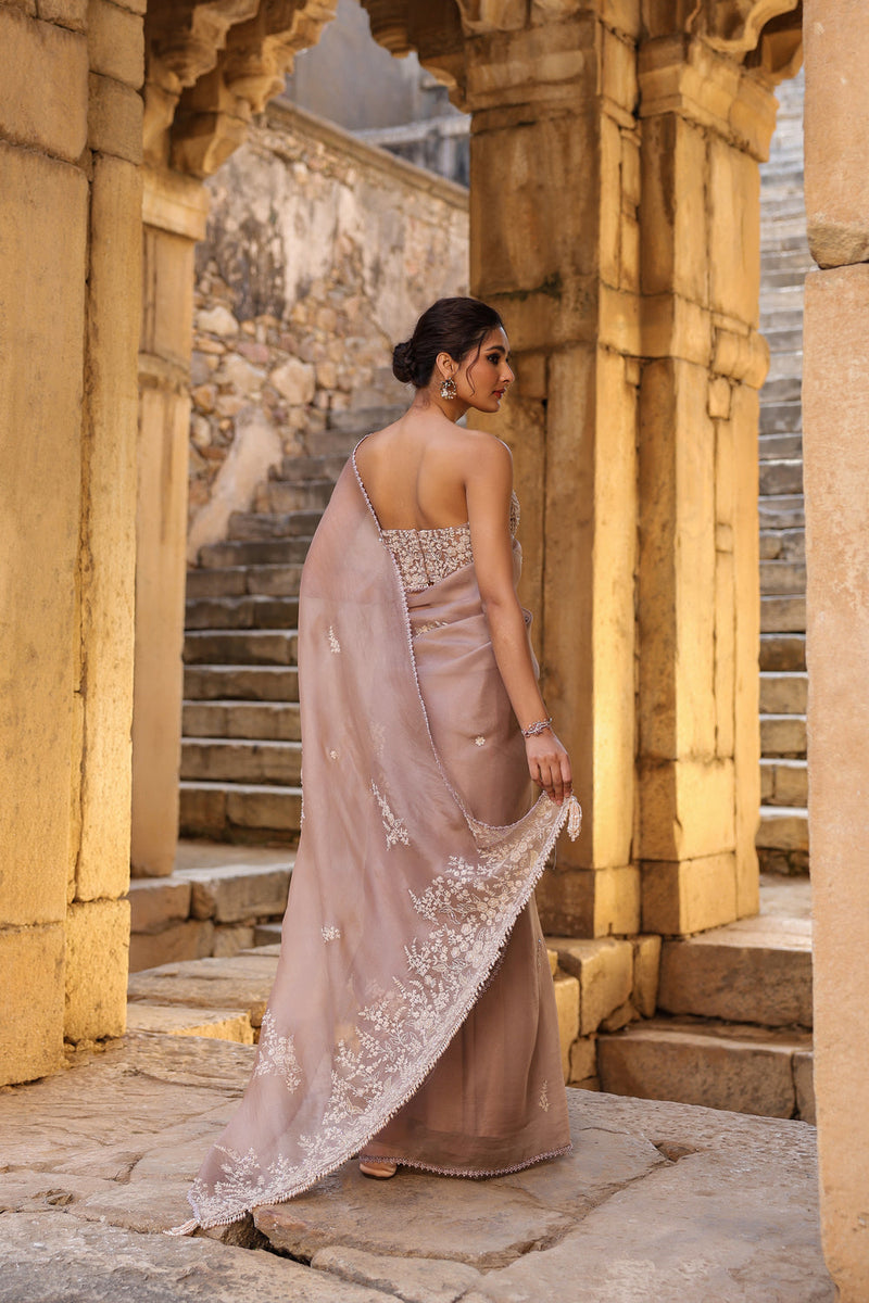 Vaayu Taupe Applique Corset Saree Set organza saree by Niti Bothra in taupe for women in Singapore