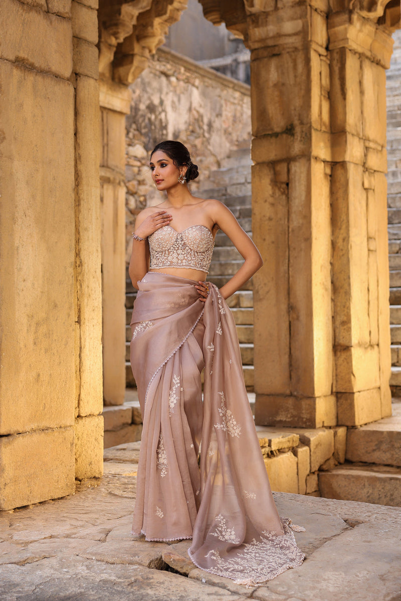 Vaayu Taupe Applique Corset Saree Set organza saree by Niti Bothra in taupe for women in Singapore