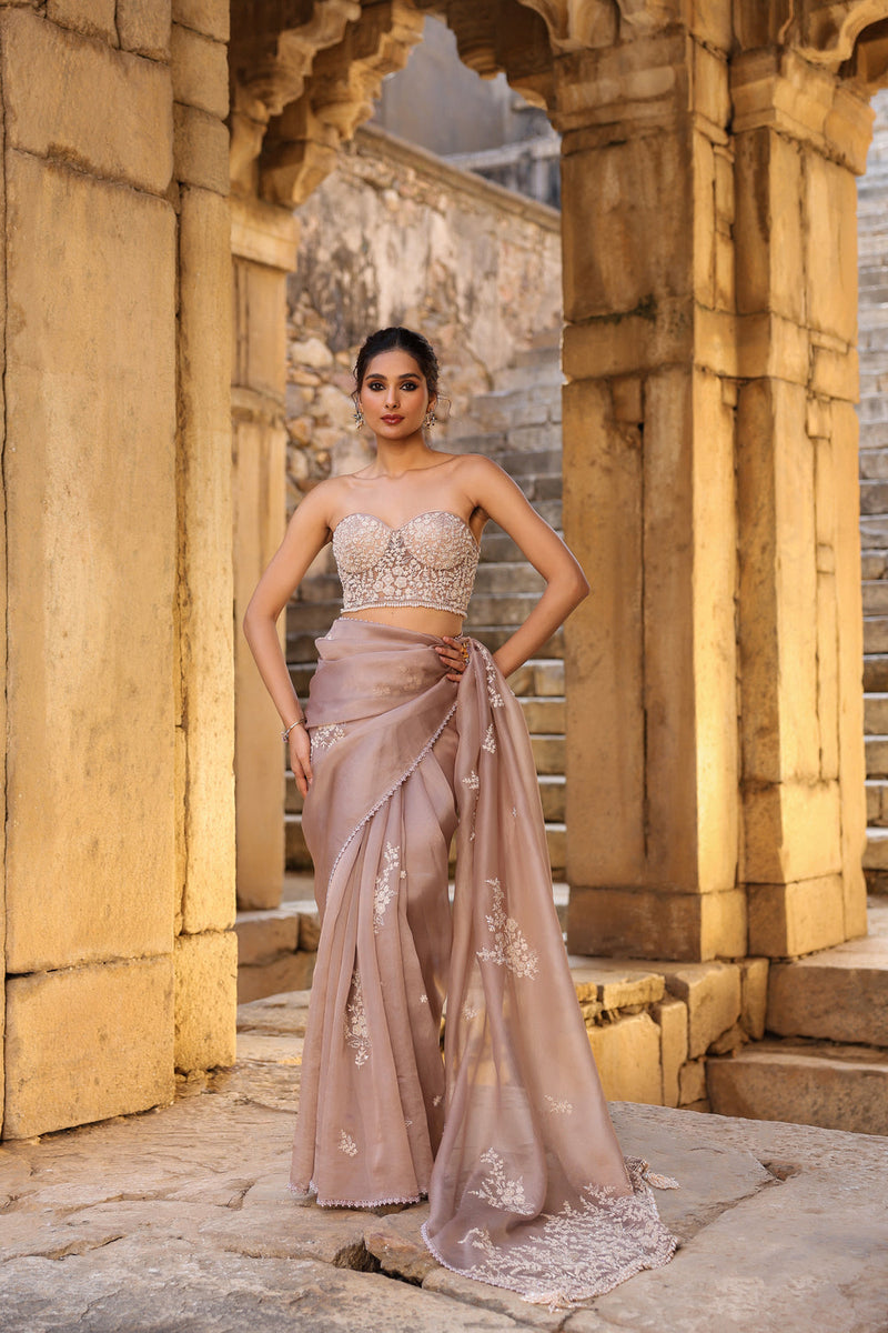 Vaayu Taupe Applique Corset Saree Set organza saree by Niti Bothra in taupe for women in Singapore