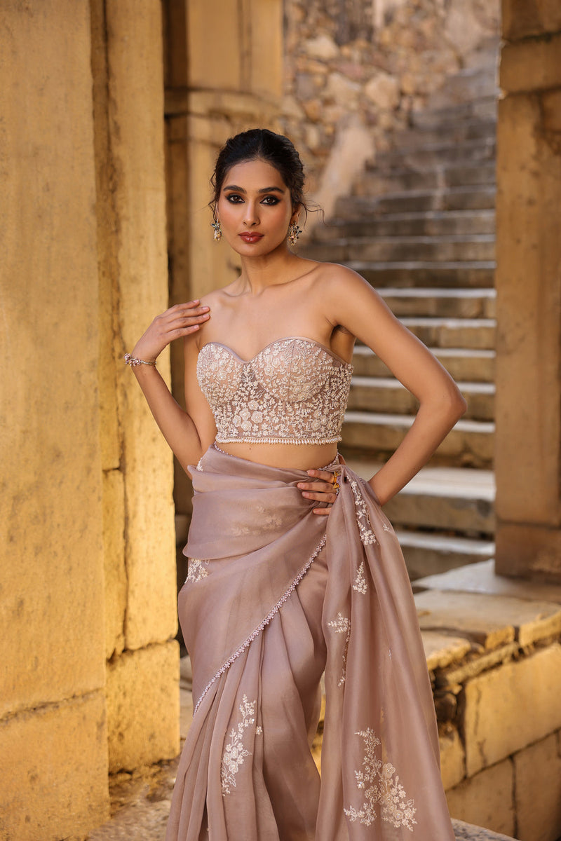 Vaayu Taupe Applique Corset Saree Set organza saree by Niti Bothra in taupe for women in Singapore