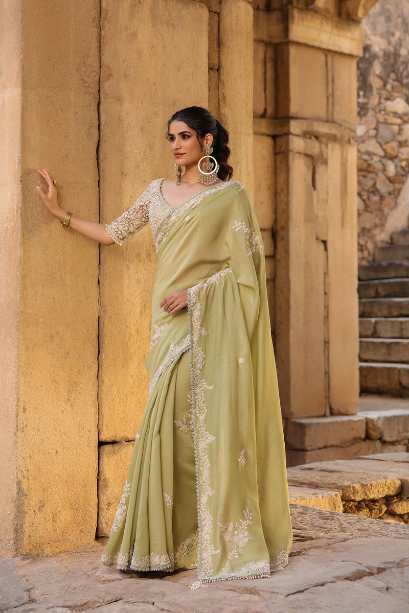 Vaayu Green Bail Buti Saree Set silk modal saree by Niti Bothra in green for women in Singapore