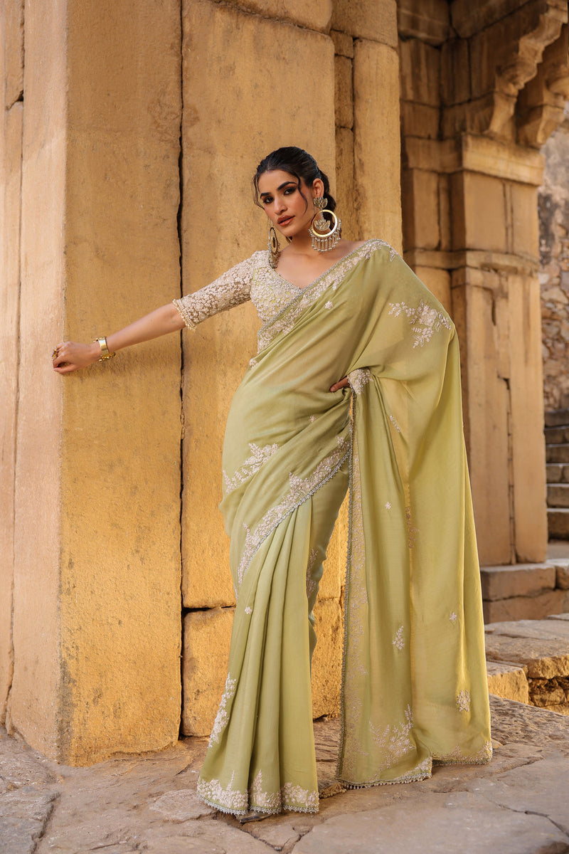 Vaayu Green Bail Buti Saree Set silk modal saree by Niti Bothra in green for women in Singapore