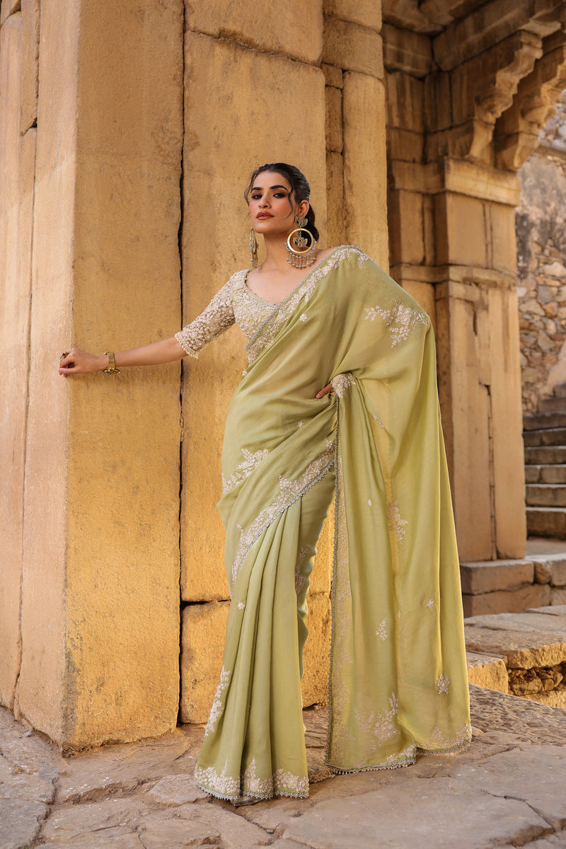Vaayu Green Bail Buti Saree Set silk modal saree by Niti Bothra in green for women in Singapore
