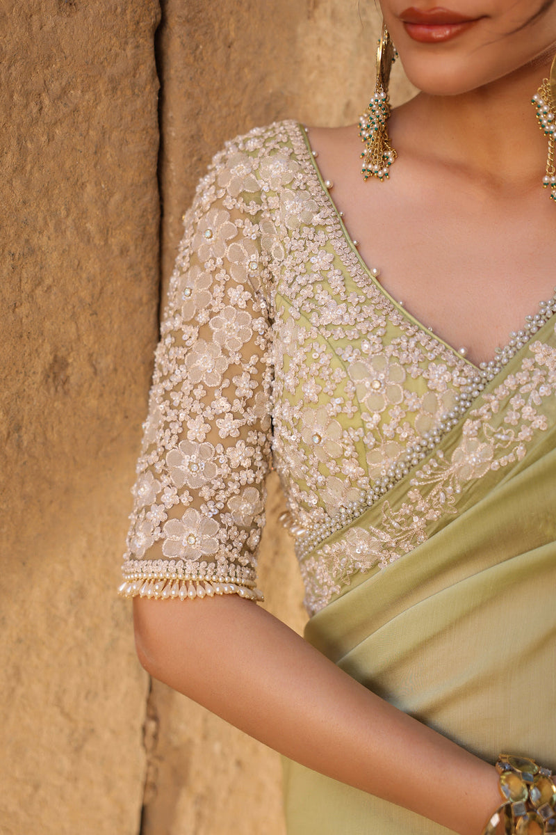 Vaayu Green Bail Buti Saree Set silk modal saree by Niti Bothra in green for women in Singapore