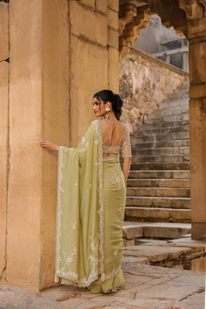 Vaayu Green Bail Buti Saree Set silk modal saree by Niti Bothra in green for women in Singapore