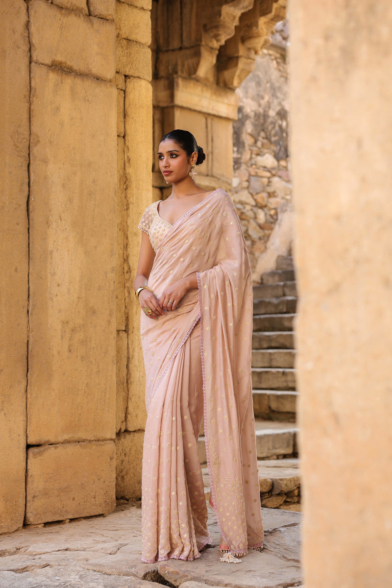 Vaayu Light Pink Heavy Buti Saree Set silk modal saree by Niti Bothra in light pink for women in Singapore