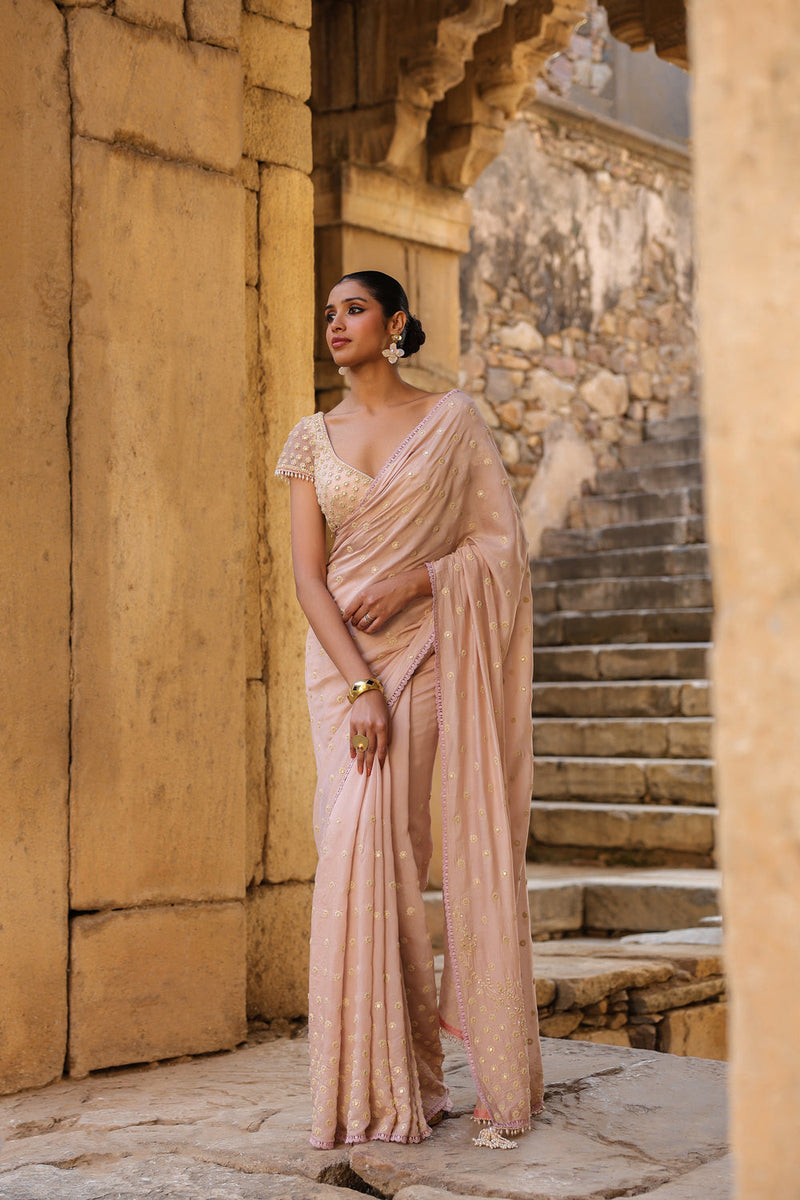 Vaayu Light Pink Heavy Buti Saree Set silk modal saree by Niti Bothra in light pink for women in Singapore