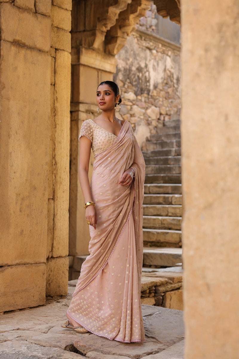 Vaayu Light Pink Heavy Buti Saree Set silk modal saree by Niti Bothra in light pink for women in Singapore