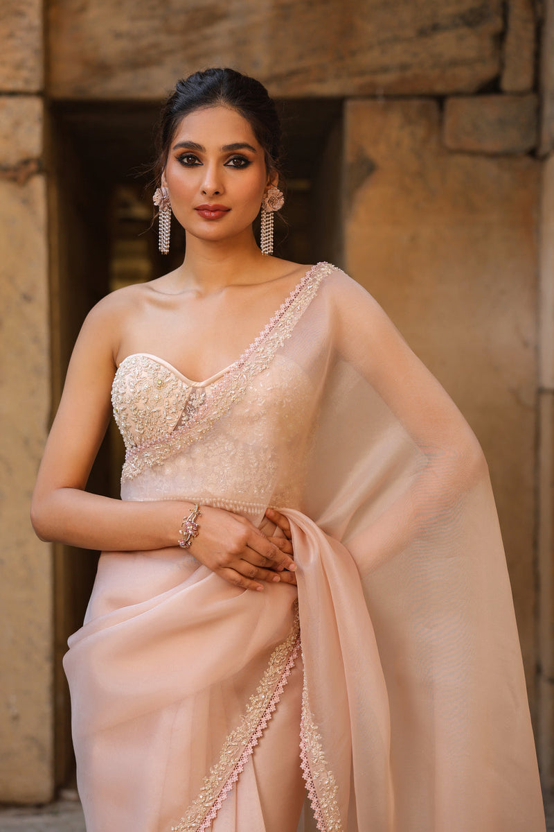Vaayu Light Pink Corset Saree Set organza saree by Niti Bothra in light pink for women in Singapore