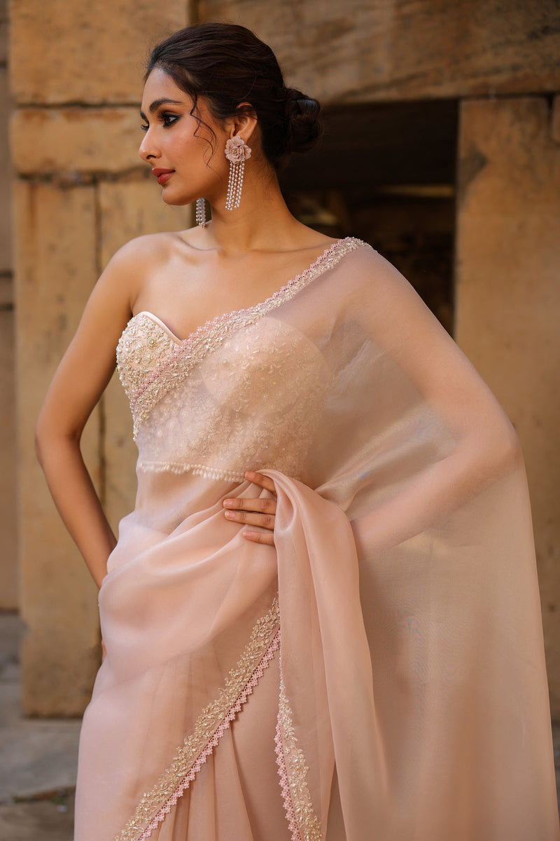 Vaayu Light Pink Corset Saree Set organza saree by Niti Bothra in light pink for women in Singapore