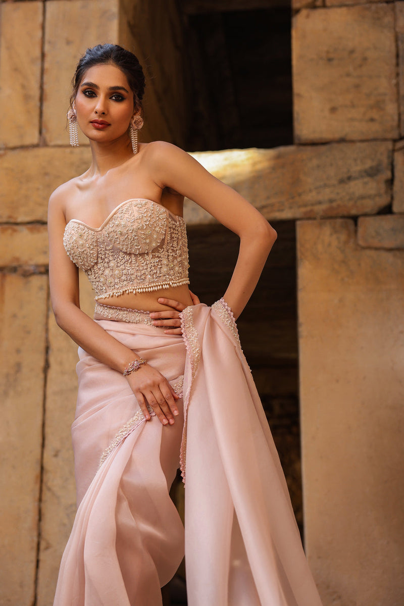 Vaayu Light Pink Corset Saree Set organza saree by Niti Bothra in light pink for women in Singapore