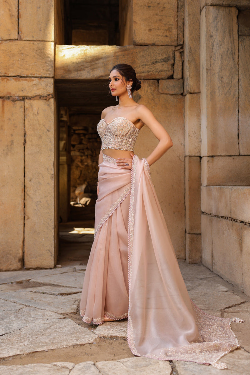 Vaayu Light Pink Corset Saree Set organza saree by Niti Bothra in light pink for women in Singapore