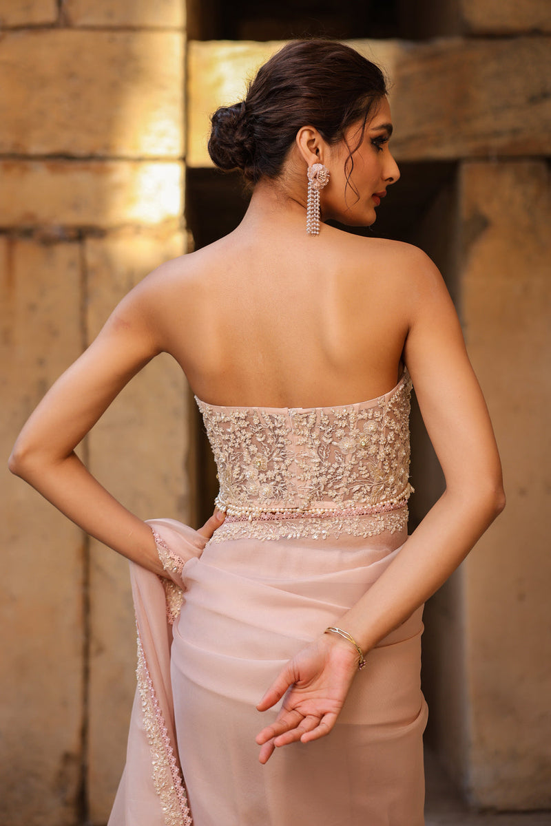 Vaayu Light Pink Corset Saree Set organza saree by Niti Bothra in light pink for women in Singapore