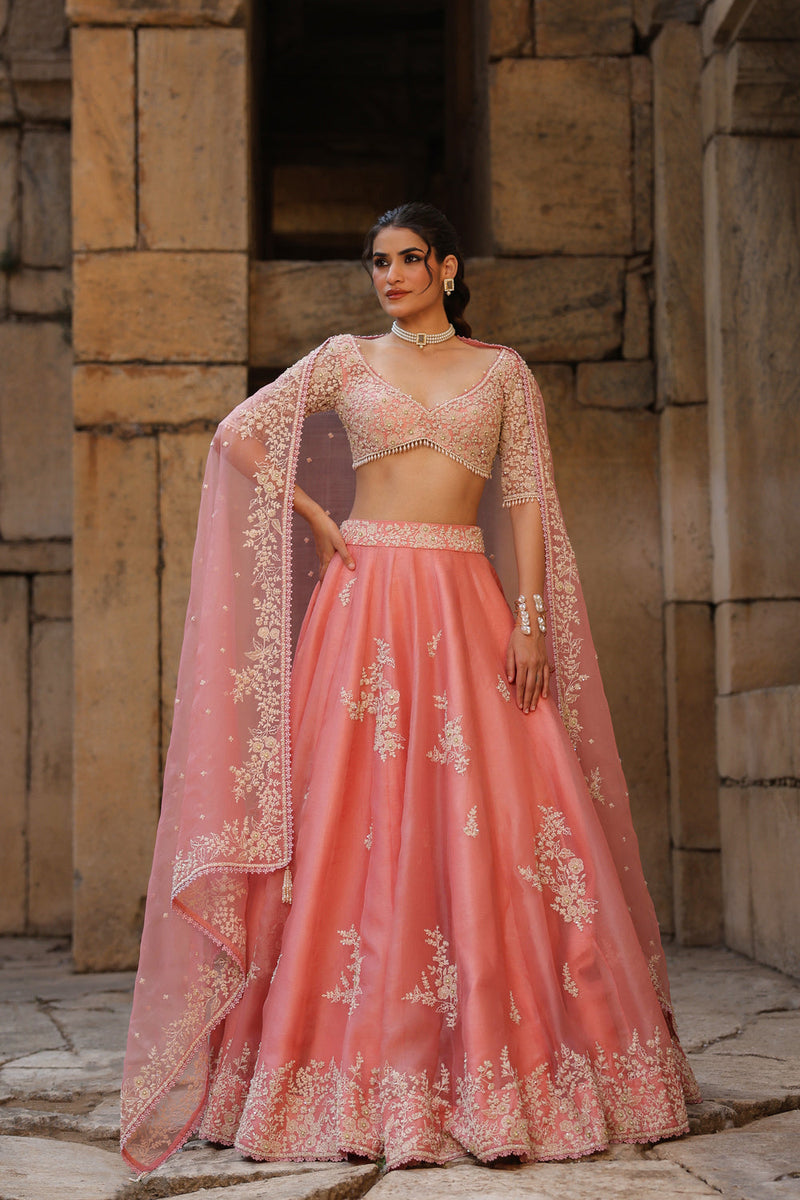 Vaayu Pink Guldasta Lehenga Set organza lehenga sets by Niti Bothra in pink for women in Singapore