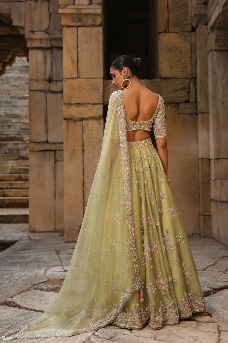 Vaayu Green Multicolor Phool Lehenga Set organza lehenga sets by Niti Bothra in green for women in Singapore