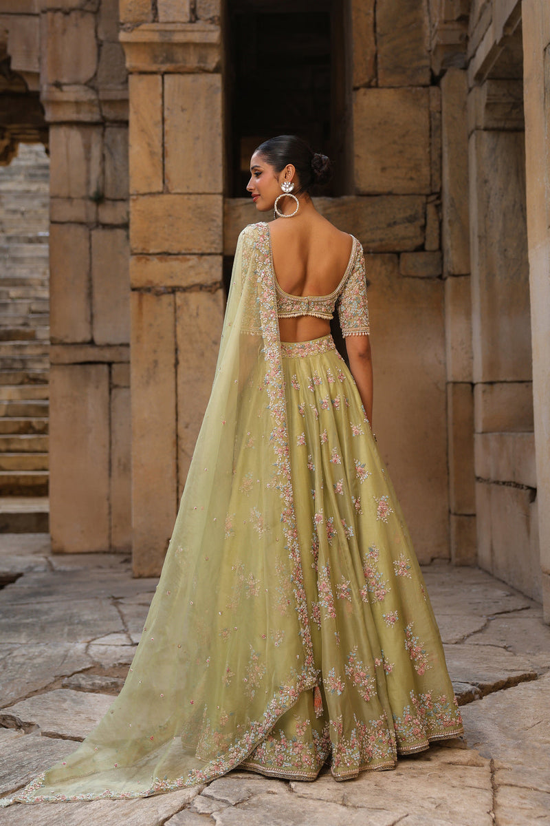 Vaayu Green Multicolor Phool Lehenga Set organza lehenga sets by Niti Bothra in green for women in Singapore