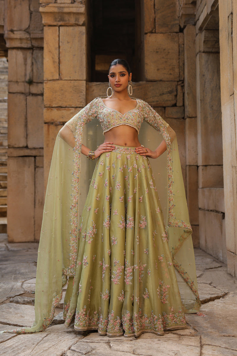 Vaayu Green Multicolor Phool Lehenga Set organza lehenga sets by Niti Bothra in green for women in Singapore