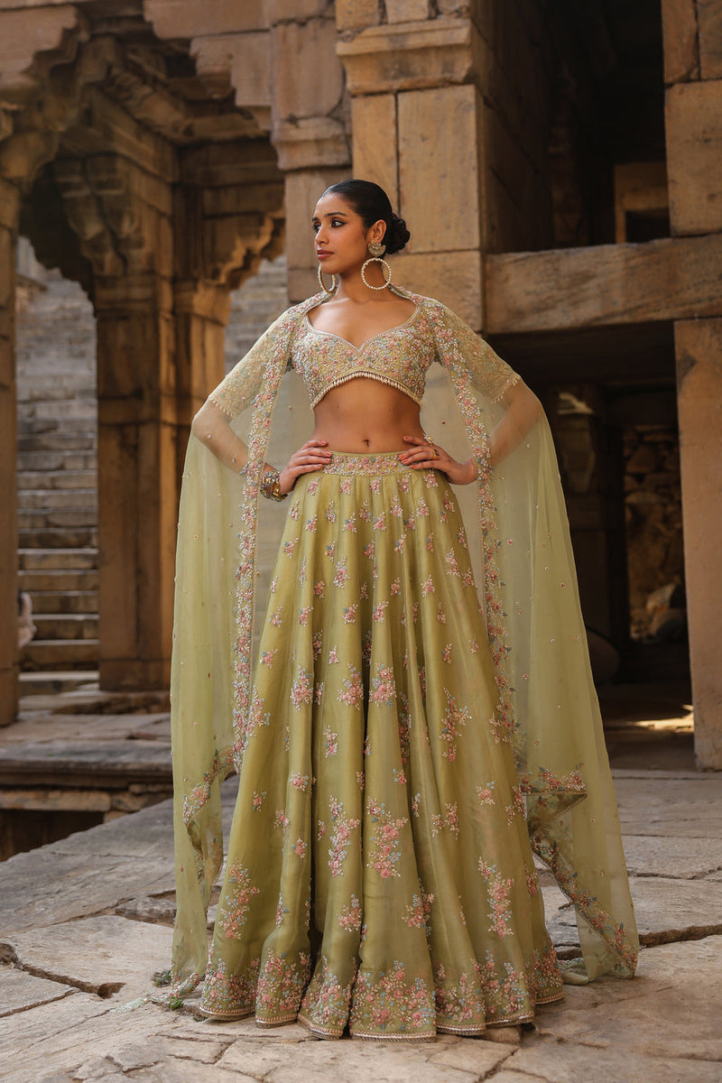 Vaayu Green Multicolor Phool Lehenga Set organza lehenga sets by Niti Bothra in green for women in Singapore
