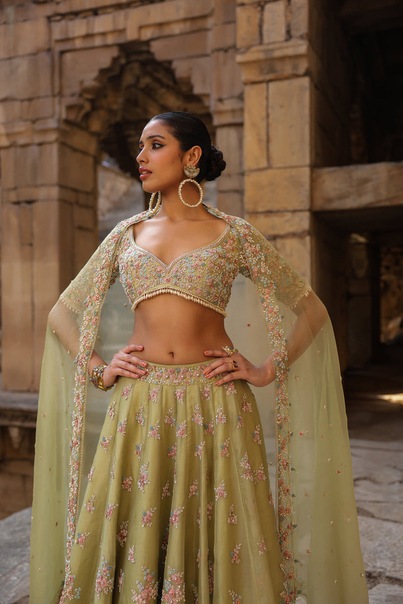 Vaayu Green Multicolor Phool Lehenga Set organza lehenga sets by Niti Bothra in green for women in Singapore