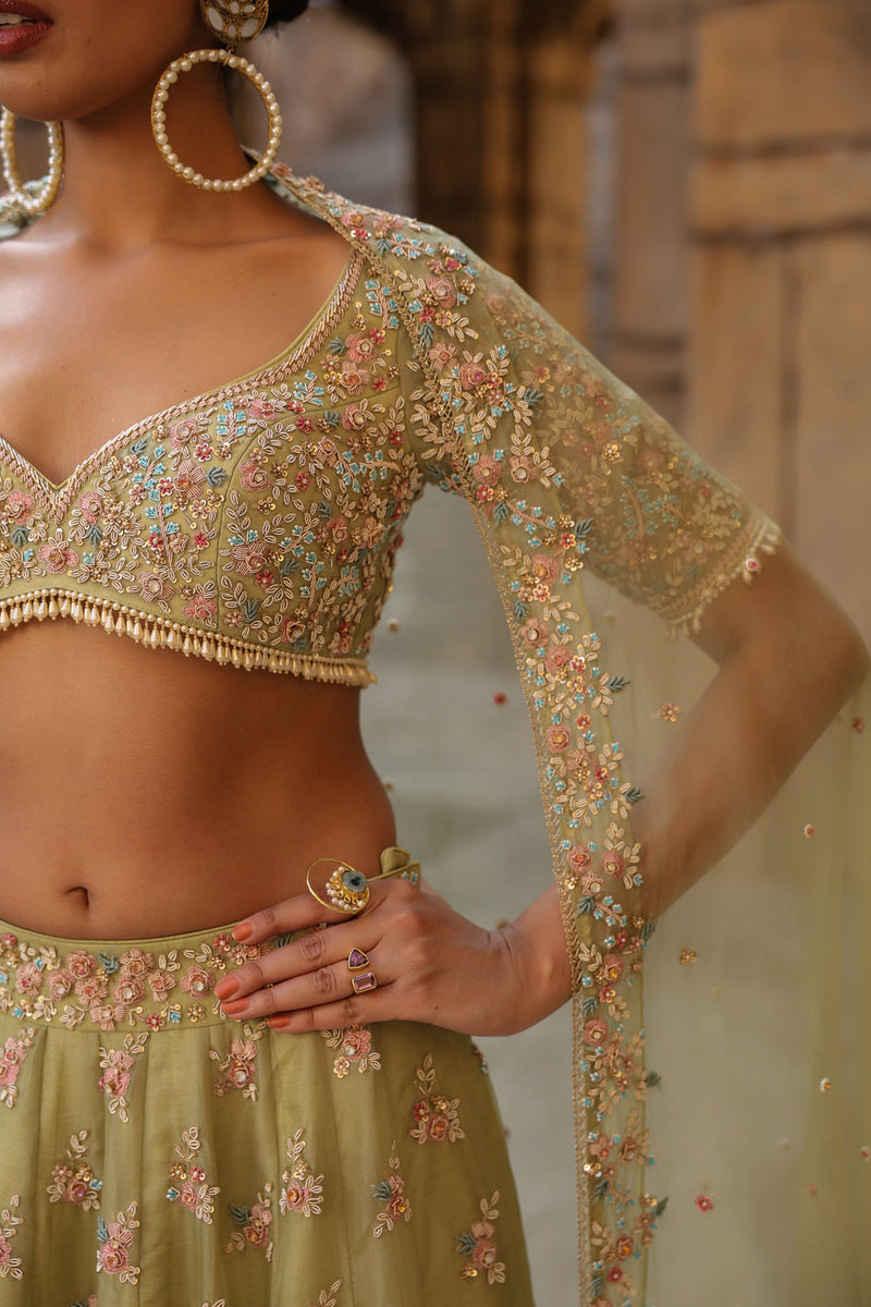 Vaayu Green Multicolor Phool Lehenga Set organza lehenga sets by Niti Bothra in green for women in Singapore