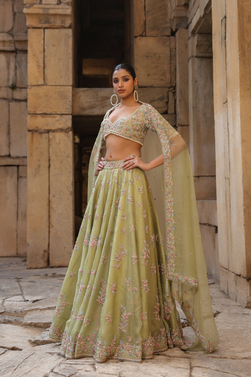 Vaayu Green Multicolor Phool Lehenga Set organza lehenga sets by Niti Bothra in green for women in Singapore