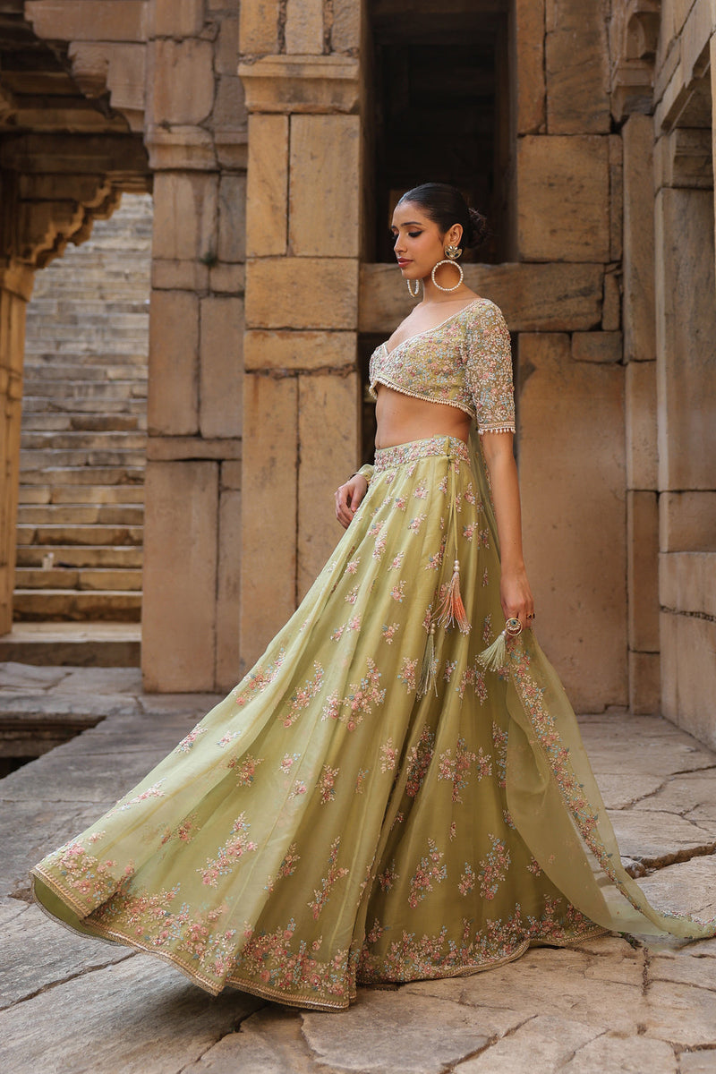 Vaayu Green Multicolor Phool Lehenga Set organza lehenga sets by Niti Bothra in green for women in Singapore