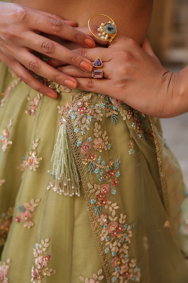 Vaayu Green Multicolor Phool Lehenga Set organza lehenga sets by Niti Bothra in green for women in Singapore