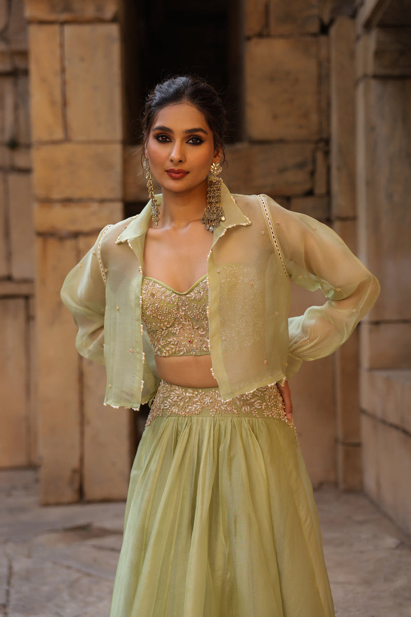 Vaayu Green Jacket Lehenga Set organza lehenga sets by Niti Bothra in green for women in Singapore