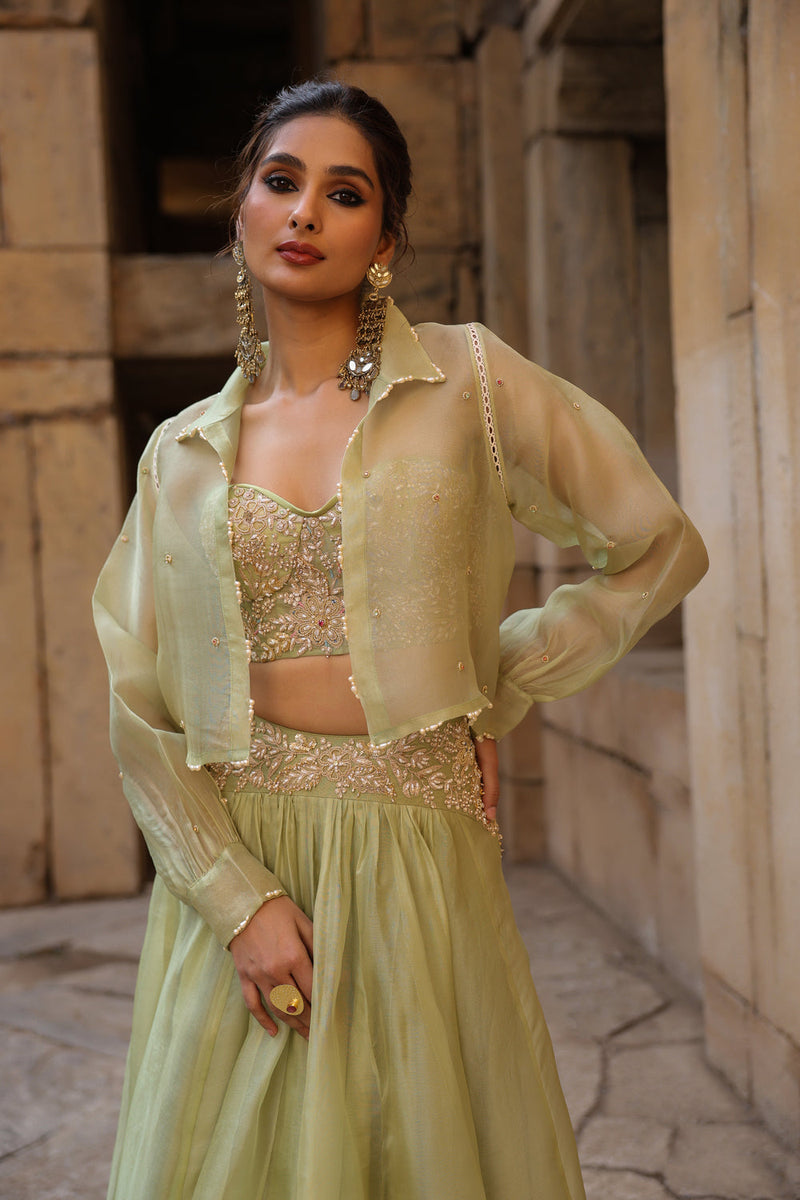 Vaayu Green Jacket Lehenga Set organza lehenga sets by Niti Bothra in green for women in Singapore