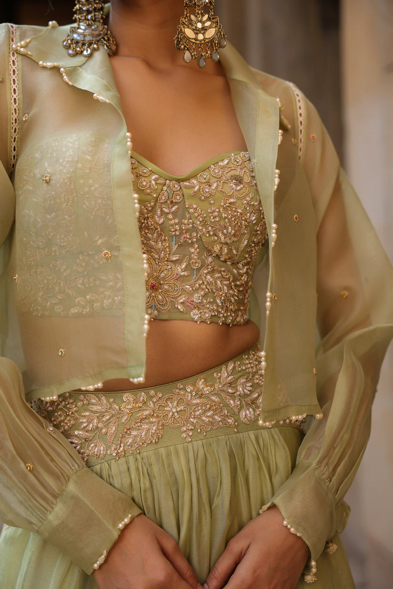 Vaayu Green Jacket Lehenga Set organza lehenga sets by Niti Bothra in green for women in Singapore