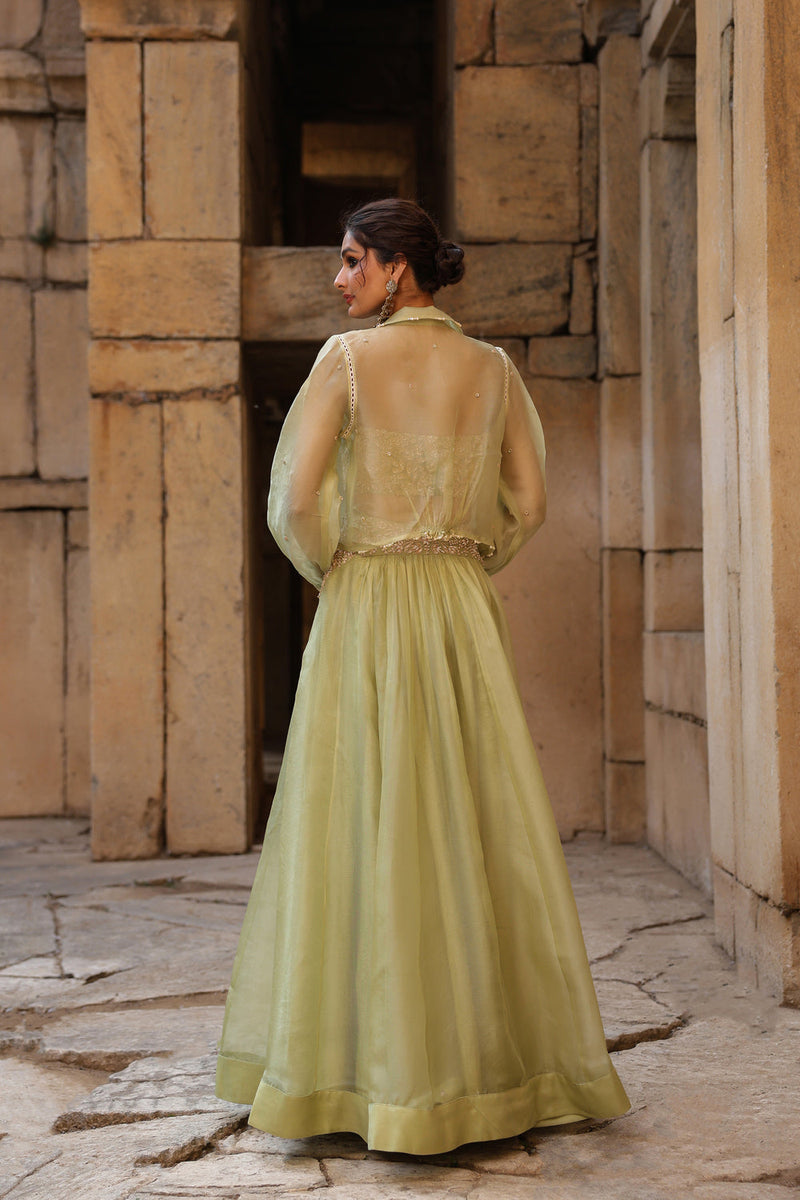 Vaayu Green Jacket Lehenga Set organza lehenga sets by Niti Bothra in green for women in Singapore