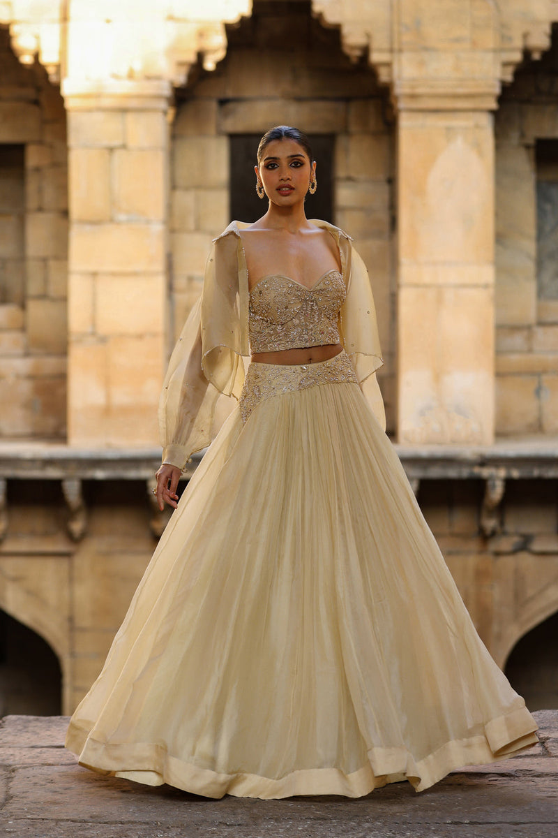 Vaayu Beige Jacket Lehenga Set organza lehenga sets by Niti Bothra in beige for women in Singapore