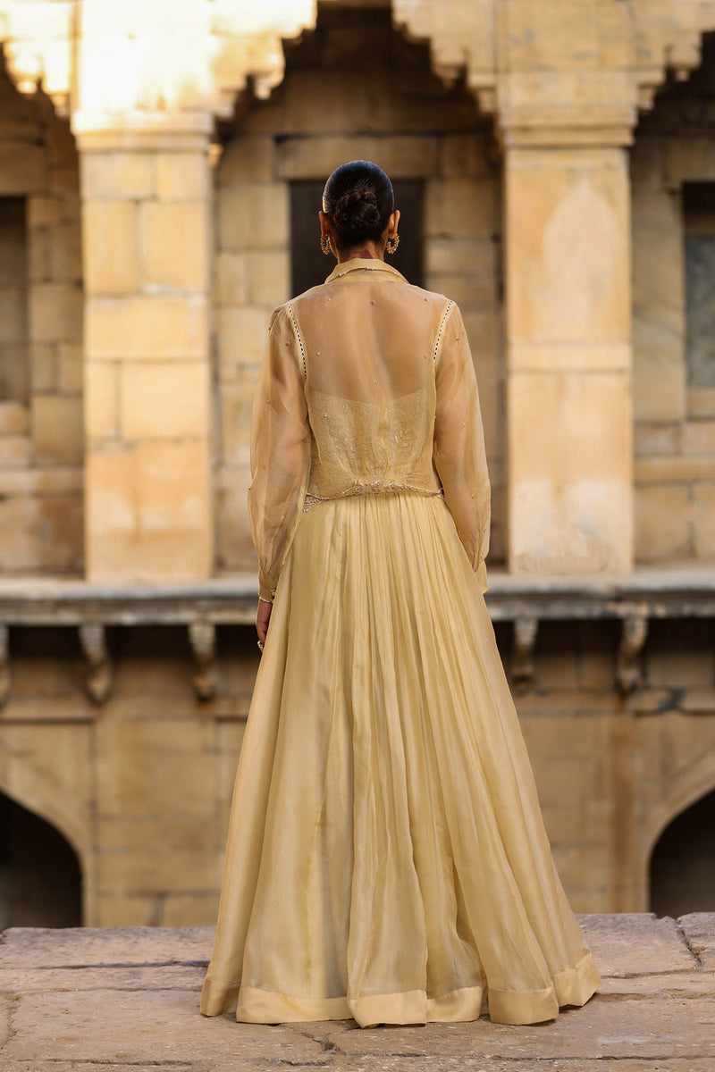 Vaayu Beige Jacket Lehenga Set organza lehenga sets by Niti Bothra in beige for women in Singapore