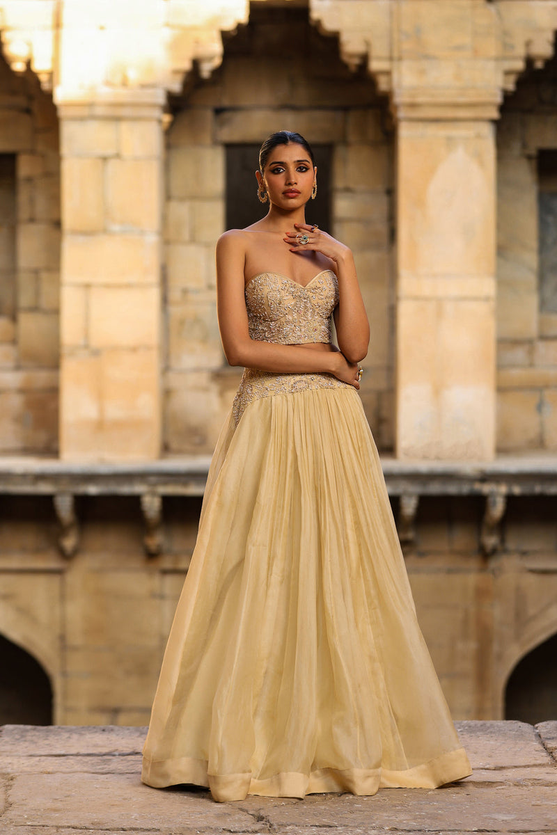 Vaayu Beige Jacket Lehenga Set organza lehenga sets by Niti Bothra in beige for women in Singapore