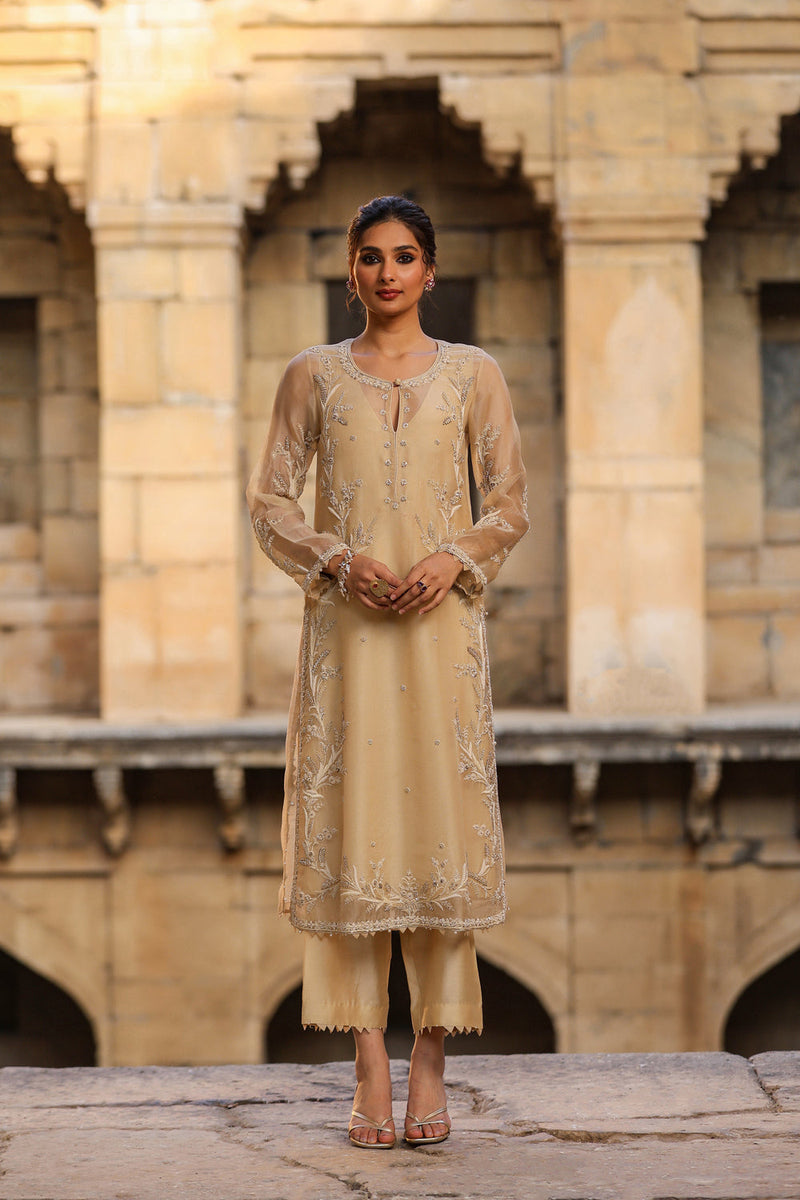 Vaayu Beige Phool Patti Kurta Set organza , silk tencel kurta/kurta set by Niti Bothra in beige for women in Singapore