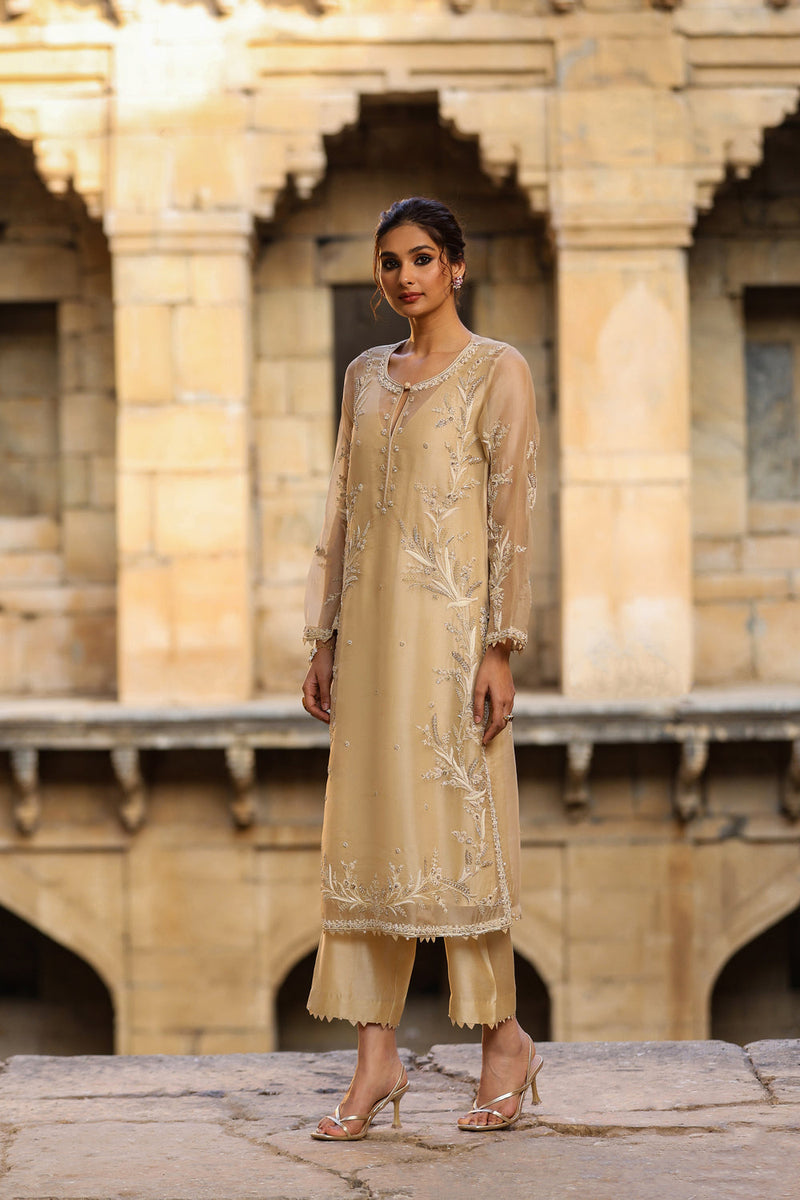 Vaayu Beige Phool Patti Kurta Set organza , silk tencel kurta/kurta set by Niti Bothra in beige for women in Singapore