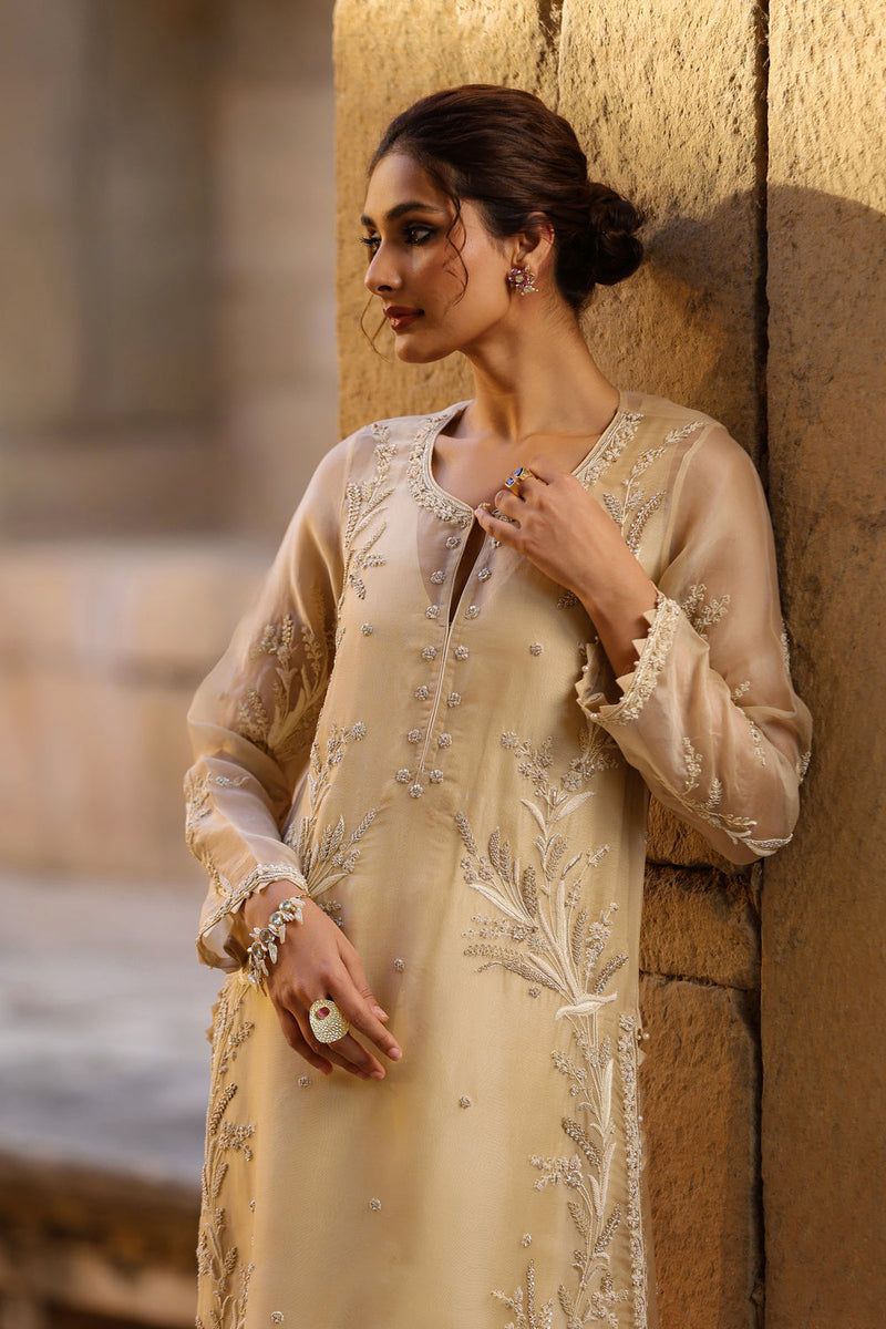 Vaayu Beige Phool Patti Kurta Set organza , silk tencel kurta/kurta set by Niti Bothra in beige for women in Singapore