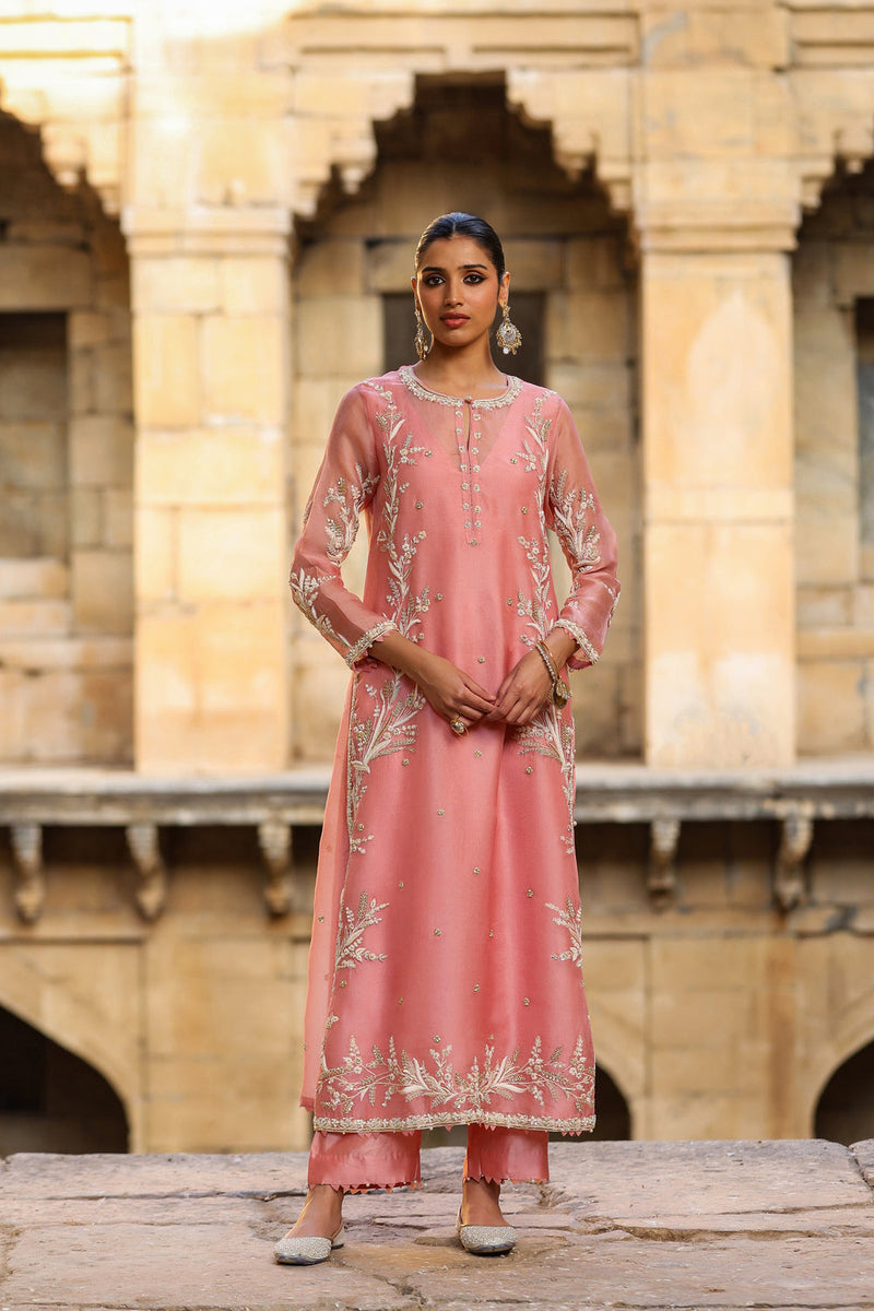 Vaayu Pink Phool Patti Kurta Set organza , silk tencel kurta/kurta set by Niti Bothra in pink for women in Singapore