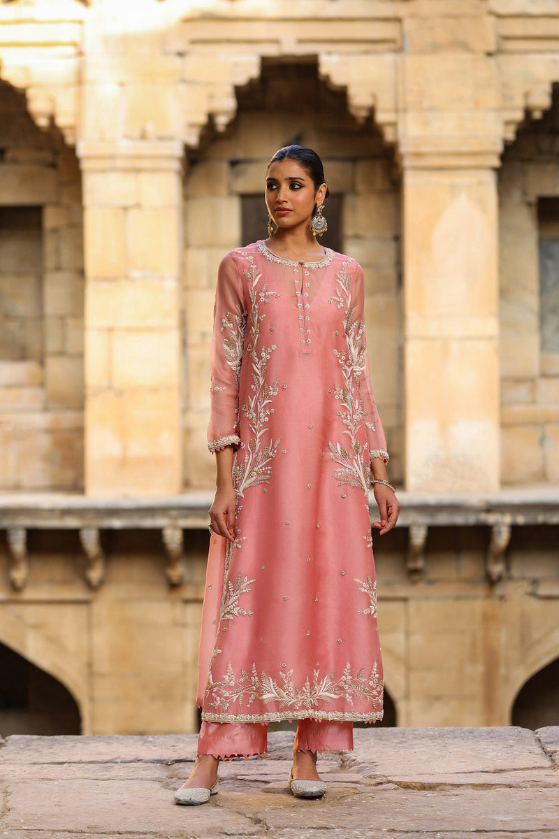Vaayu Pink Phool Patti Kurta Set organza , silk tencel kurta/kurta set by Niti Bothra in pink for women in Singapore