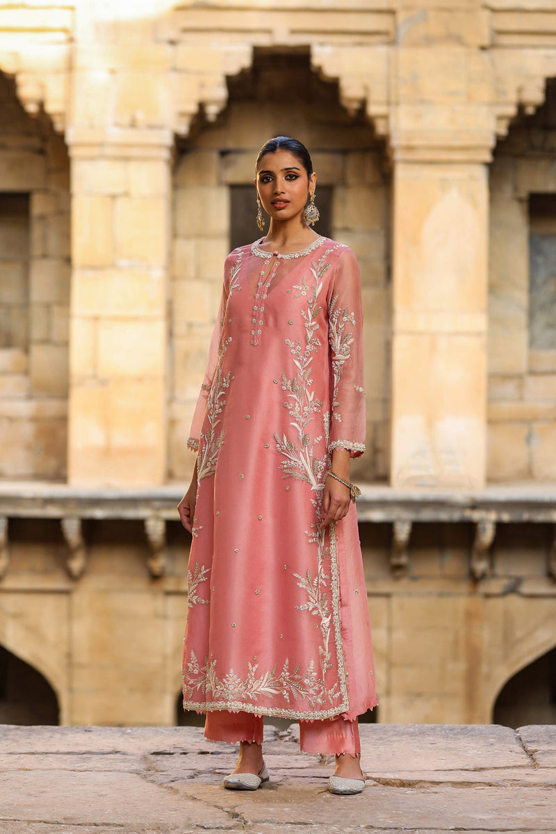Vaayu Pink Phool Patti Kurta Set organza , silk tencel kurta/kurta set by Niti Bothra in pink for women in Singapore