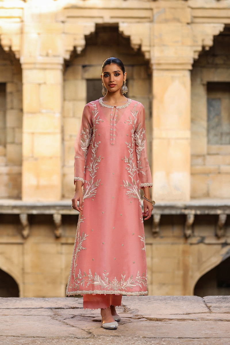 Vaayu Pink Phool Patti Kurta Set organza , silk tencel kurta/kurta set by Niti Bothra in pink for women in Singapore