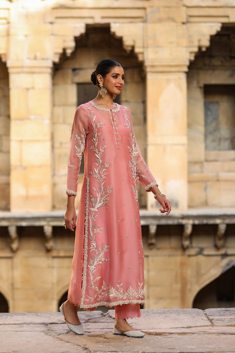 Vaayu Pink Phool Patti Kurta Set organza , silk tencel kurta/kurta set by Niti Bothra in pink for women in Singapore