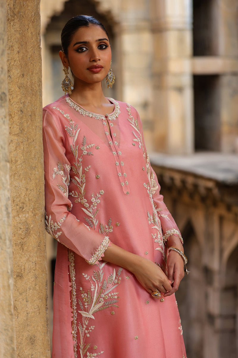 Vaayu Pink Phool Patti Kurta Set organza , silk tencel kurta/kurta set by Niti Bothra in pink for women in Singapore
