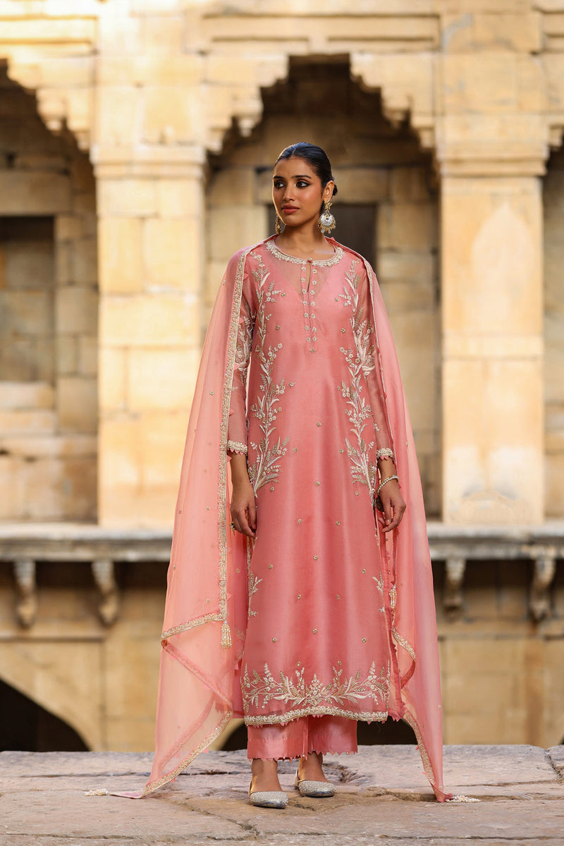 Vaayu Pink Phool Patti Kurta Set organza , silk tencel kurta/kurta set by Niti Bothra in pink for women in Singapore
