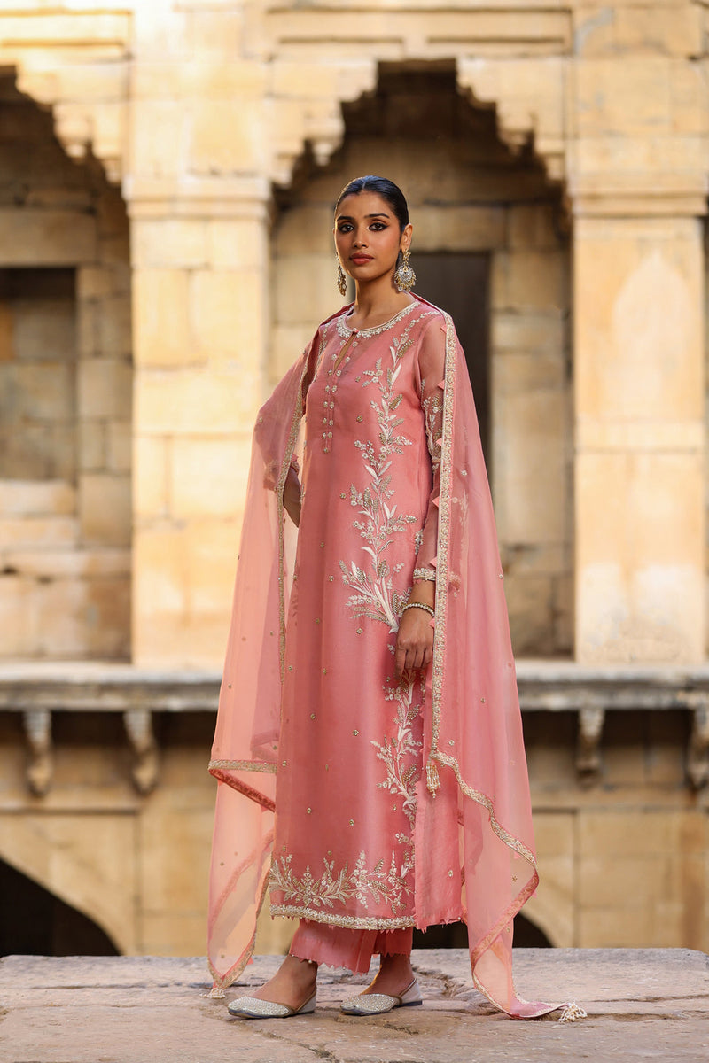 Vaayu Pink Phool Patti Kurta Set organza , silk tencel kurta/kurta set by Niti Bothra in pink for women in Singapore